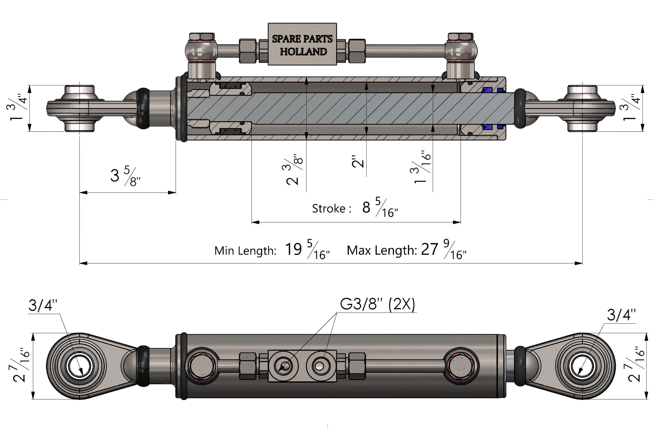 Hydraulischer Oberlenker Kat 1 (490–700 mm) verlängert mit Sperrblock & 2 Hydraulikschläuchen