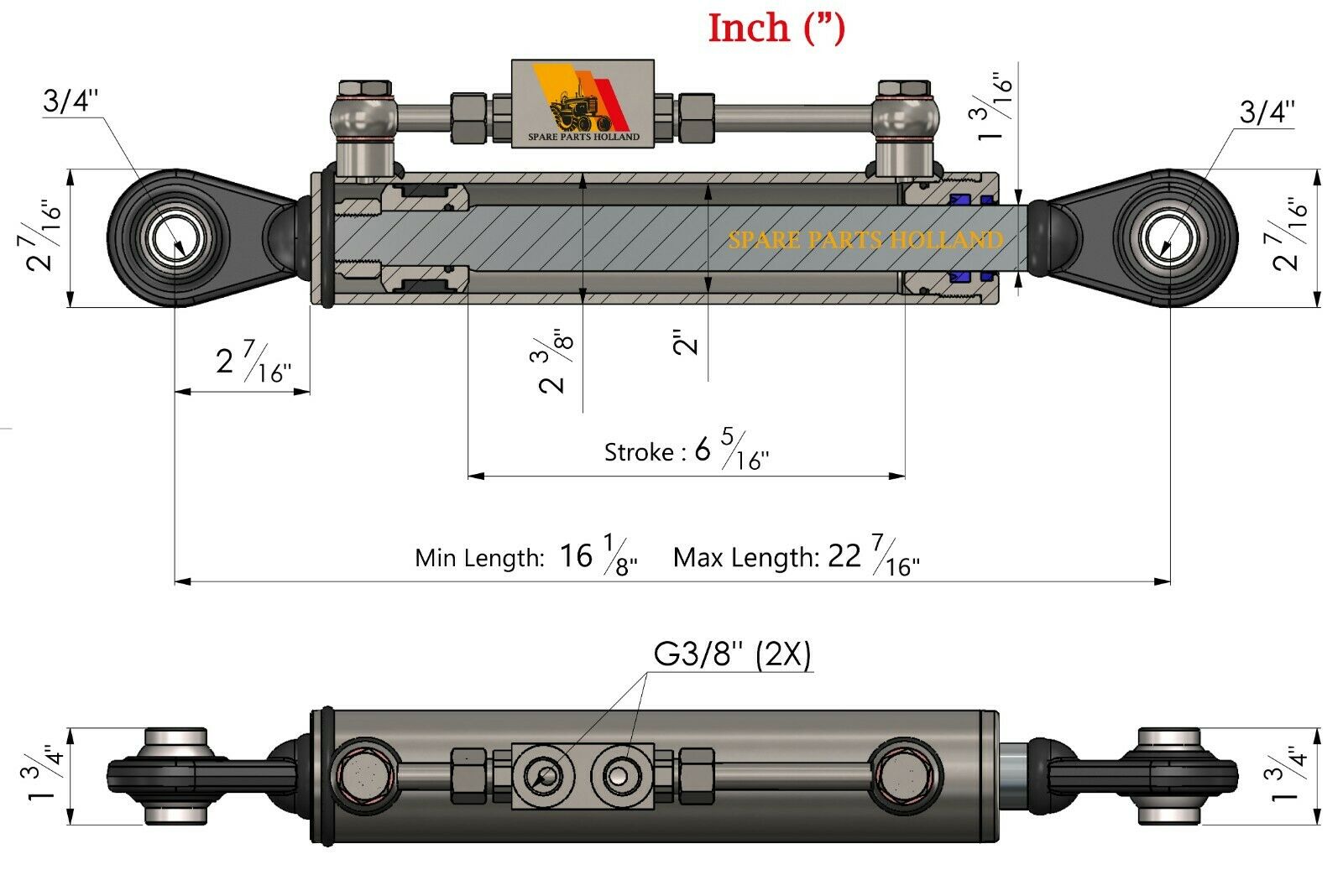 Hydraulischer Oberlenker Kat 1 (410–570 mm) mit Sperrblock & 2 Hydraulikschläuchen