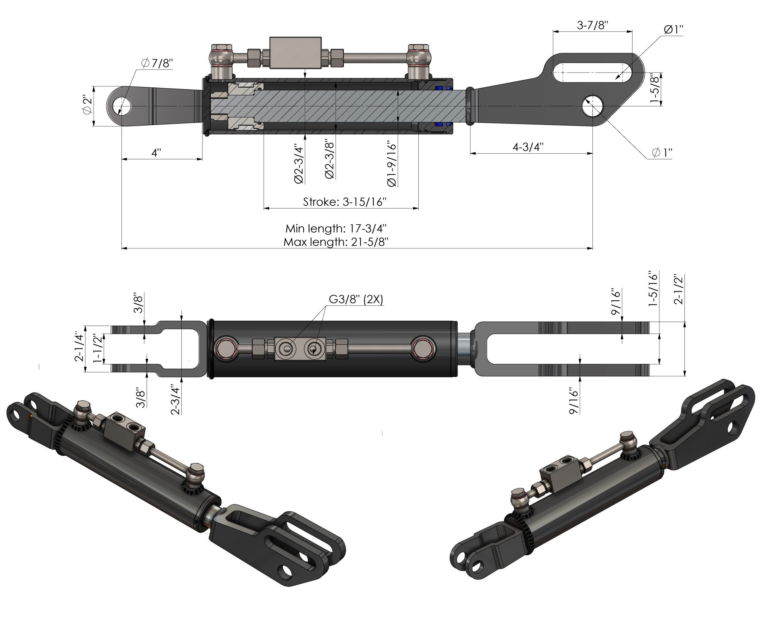 Hydraulische Seitenstrebe mit Gabelkopf / Hubstrebenzylinder (450–550 mm) mit Sperrblock & 2 Hydraulikschläuchen