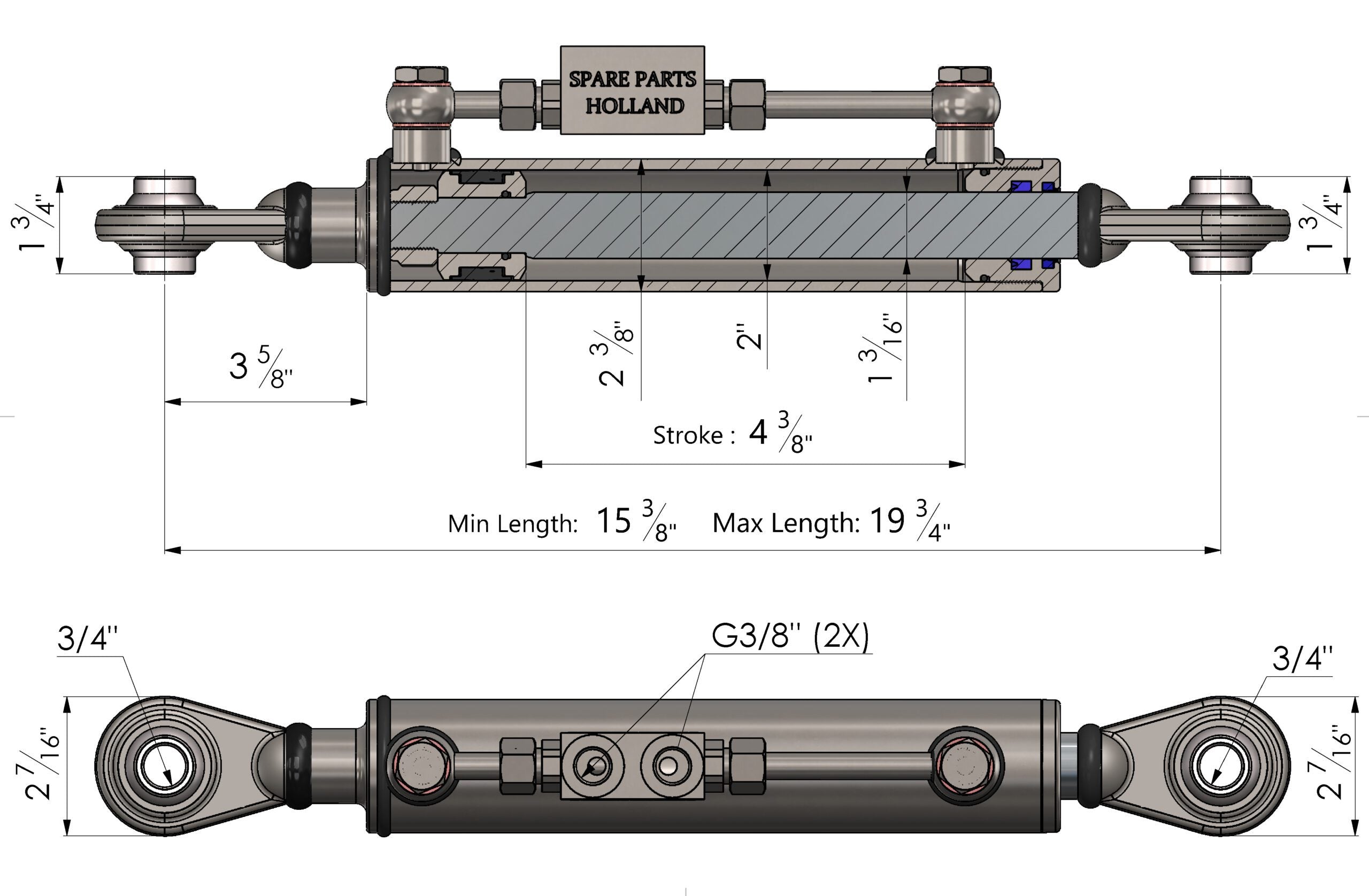 Hydraulischer Oberlenker Kat 1 (390–500 mm) verlängert mit Sperrblock & 2 Hydraulikschläuchen