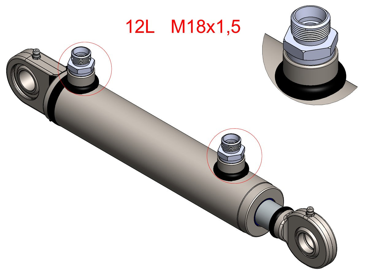 Doppelwirkender Hydraulikzylinder mit Gelenkauge (50/30) + Einschraubverschraubung 12L M18x1,5