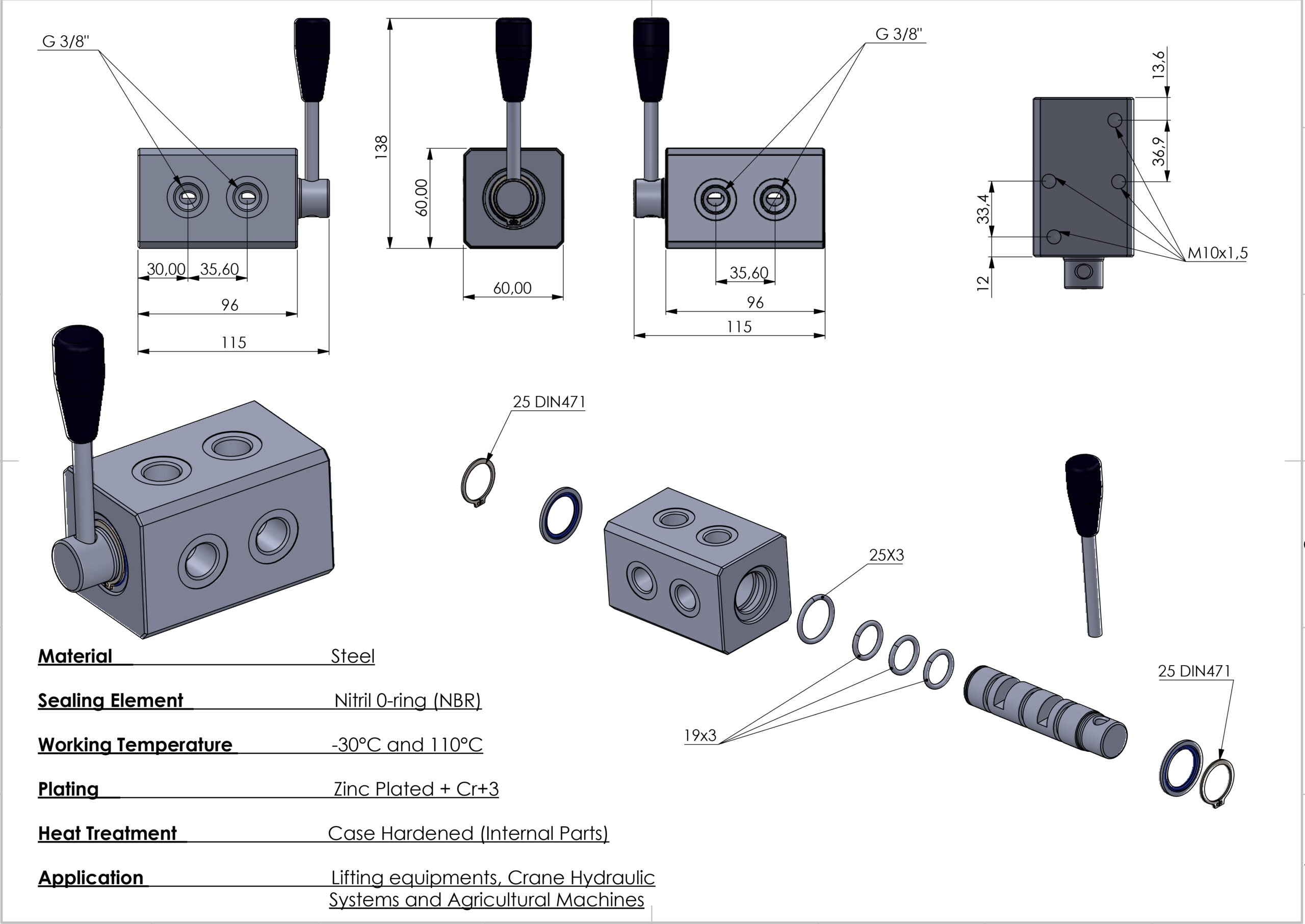 Hydraulisches 6-Wege-Umschaltventil mit Stahlgehäuse 3/8" BSP