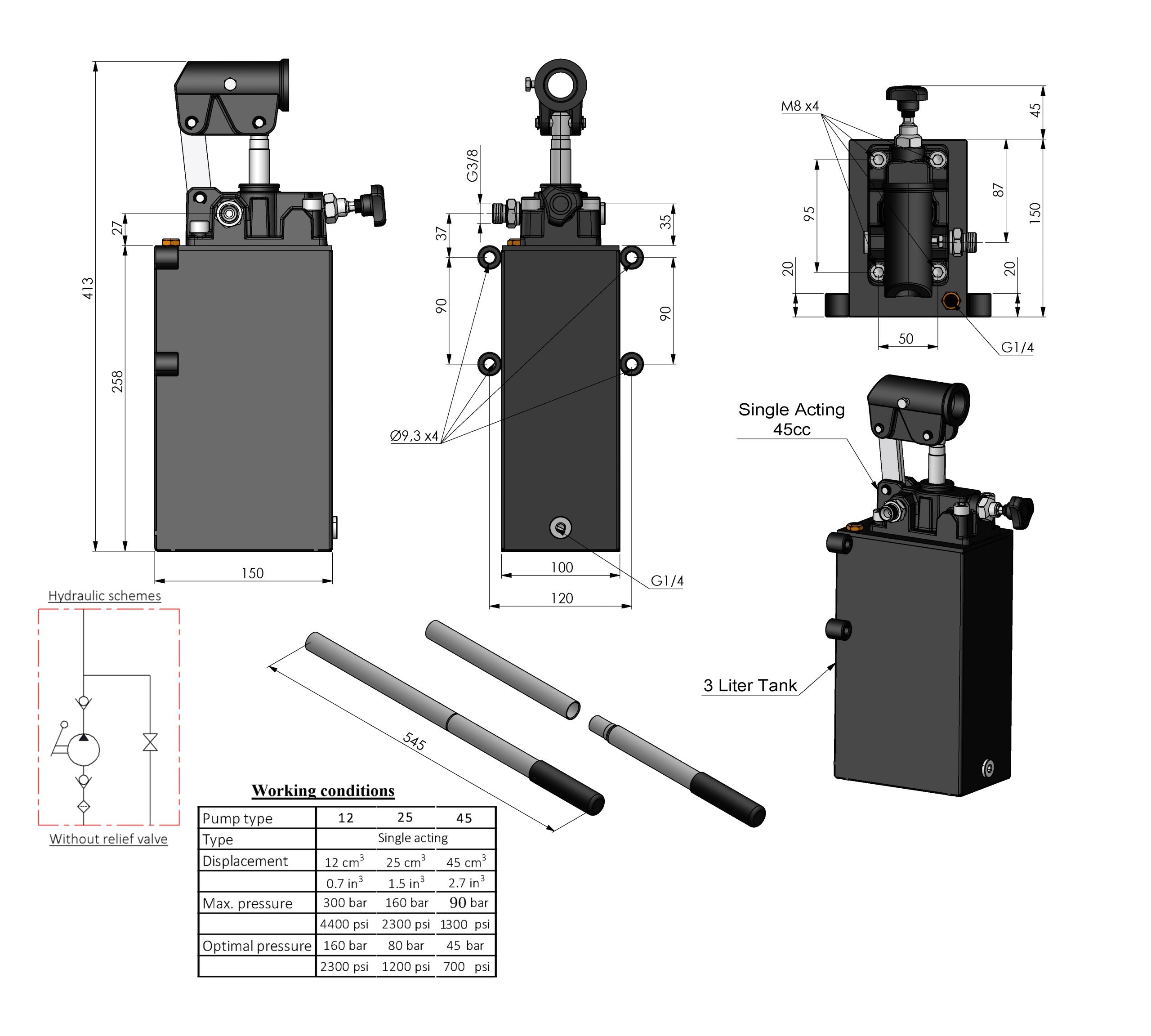 Einfachwirkende Hydraulische Handpumpe mit Tank und 3/8" Anschlüssen