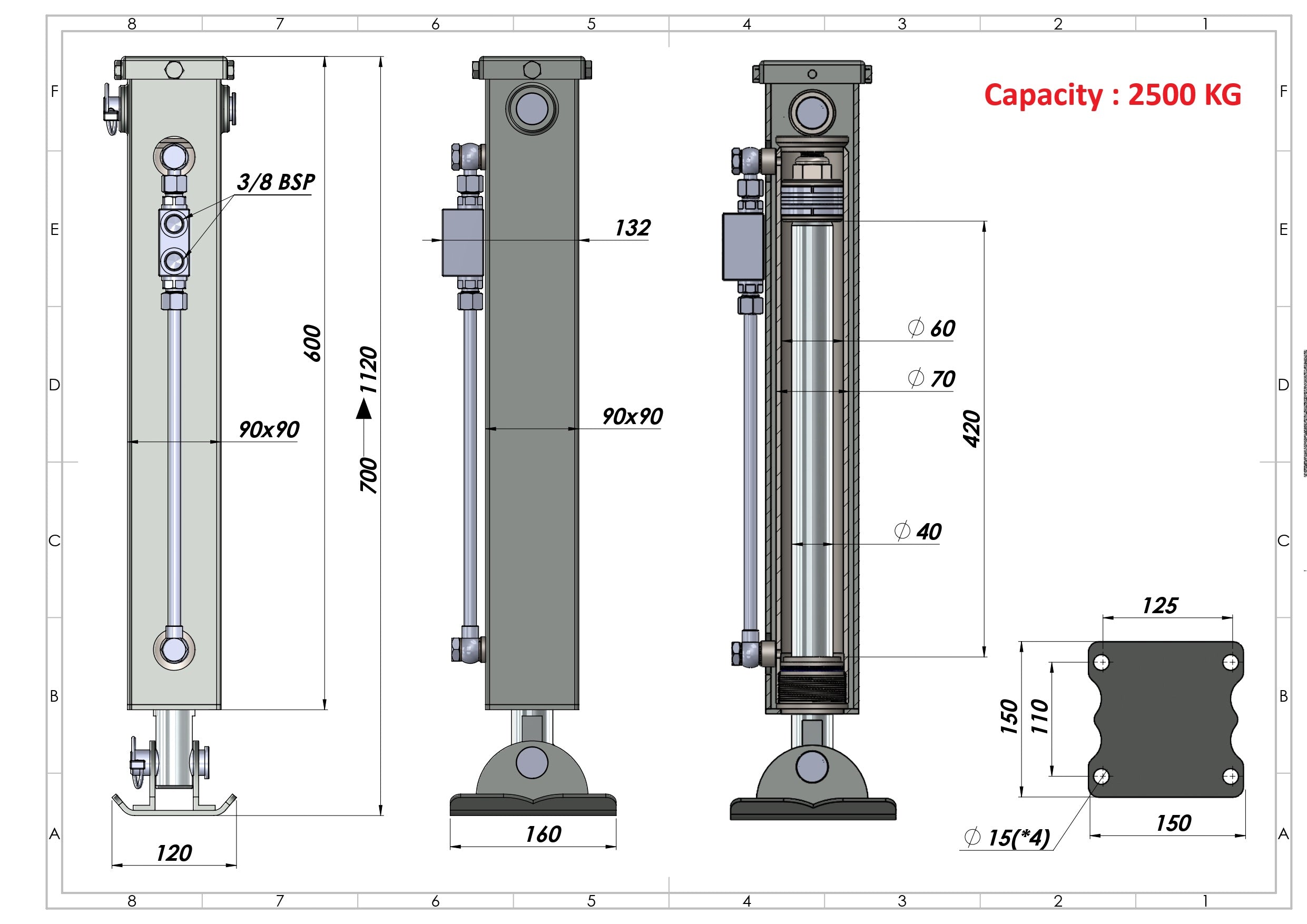 Hydraulischer Stützfuss für Anhänger 2,5 t, doppeltwirkend, 700–1120 mm