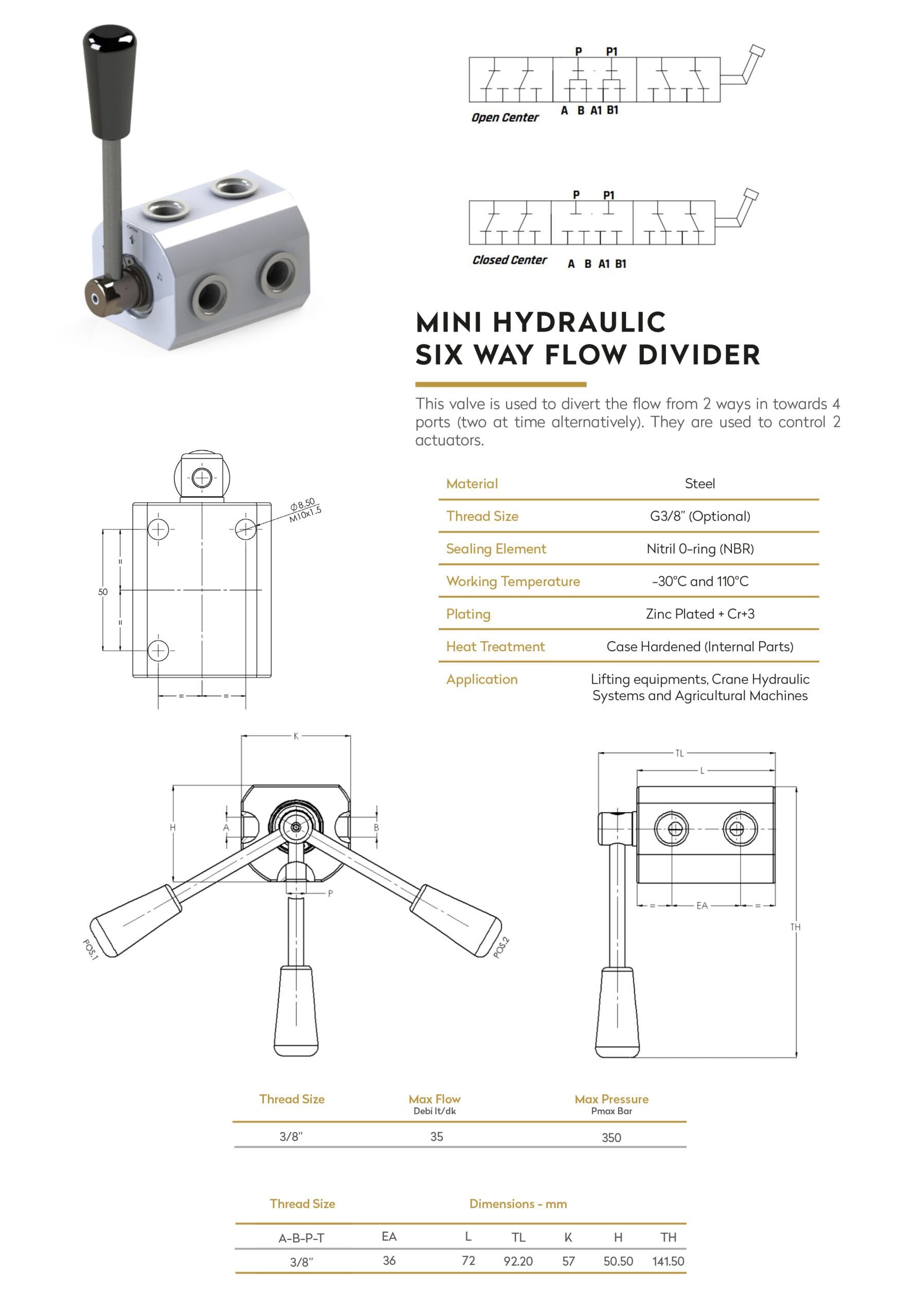 Hydraulisches 6-Wege-Umschaltventil mit Stahlgehäuse – 3/8" und 1/2"